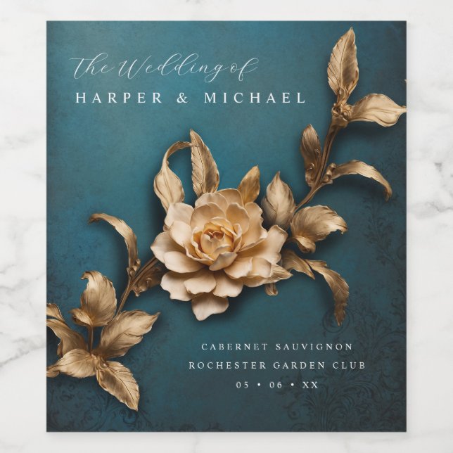 3d metallic flowers personalized wedding wine label (Single Label)