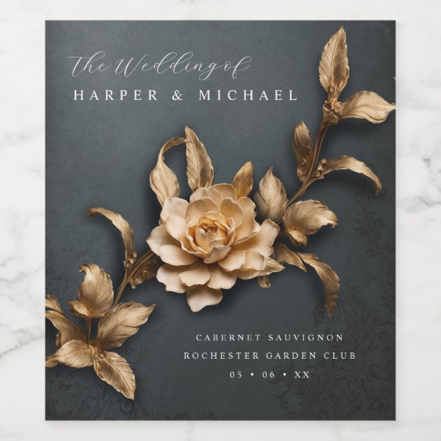 3d metallic flowers personalized wedding wine label (Single Label)
