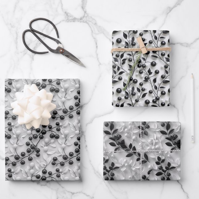 3D Mistletoe Pattern with Leaf Outlines Wrapping Paper Sheet (Front)