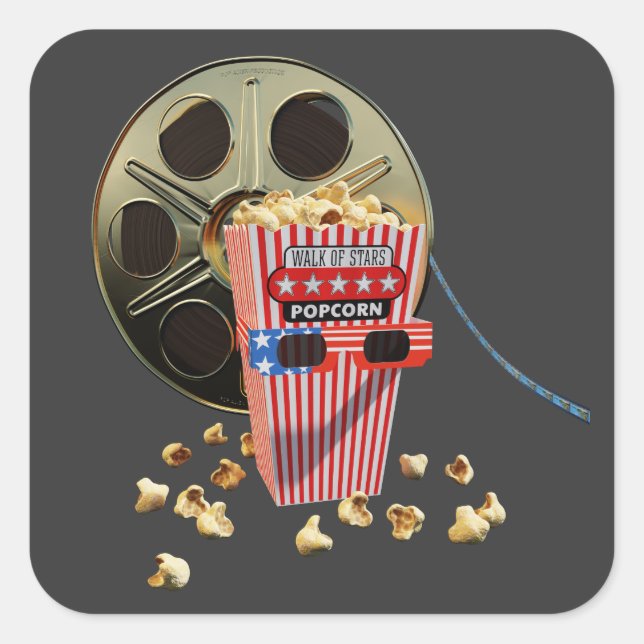 3D Movie Reel and Buttered Popcorn Square Sticker (Front)