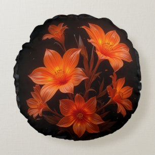 3d neon burnt orange flowers on black background round pillow