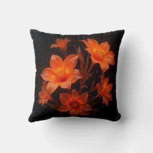 3d neon burnt orange flowers on black background throw pillow