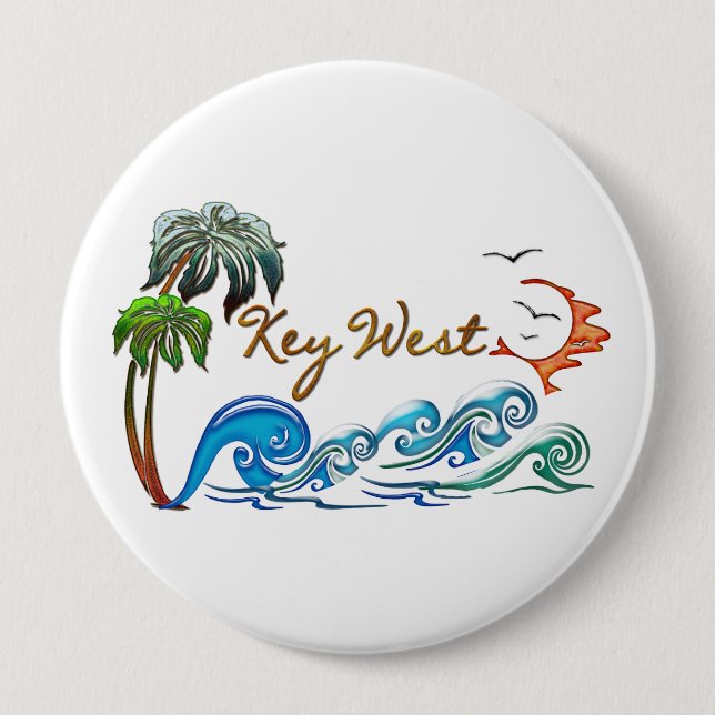 3d Palms, Waves & Sunset KEY WEST 4 Inch Round Button (Front)