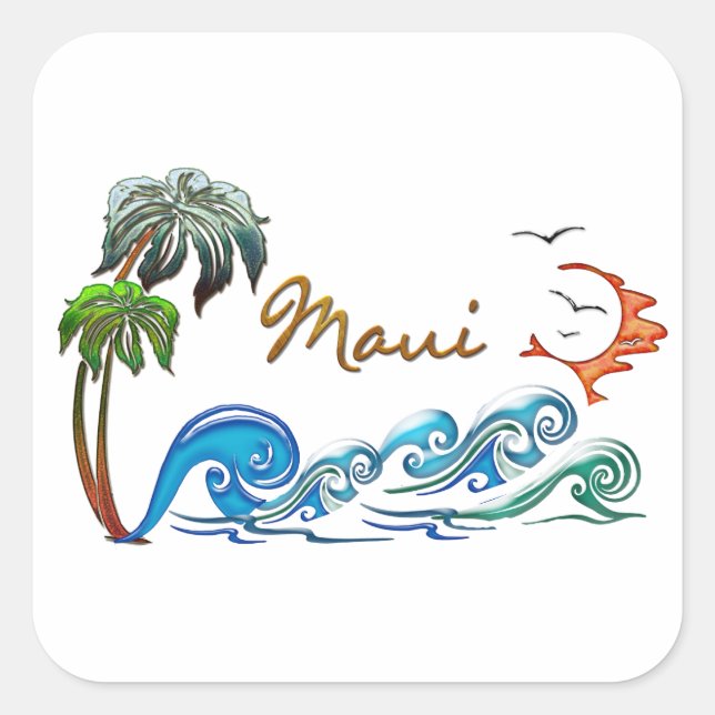 3d Palms, Waves & Sunset MAUI Square Sticker (Front)