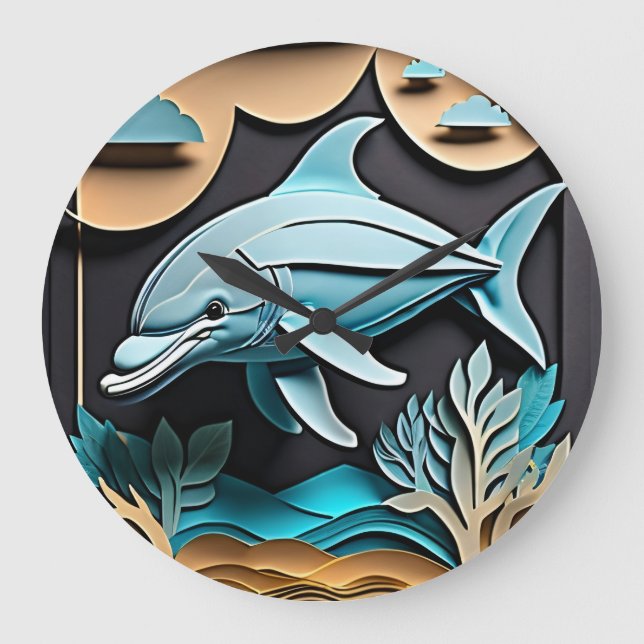 3D Paper Art Dolphin Design T-shirt  Large Clock (Front)