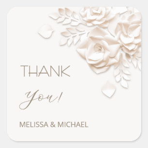 3D Paper Cut Roses Wedding Thank You Square Sticker