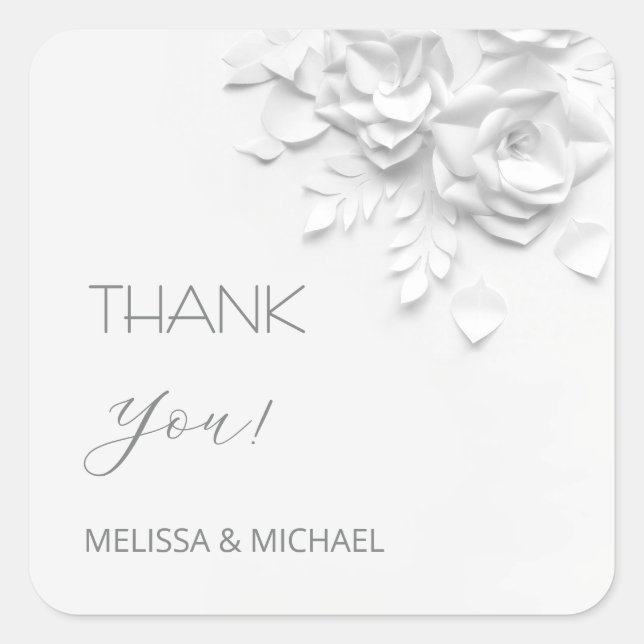 3D Paper Cut Roses Wedding Thank You Square Sticker (Front)