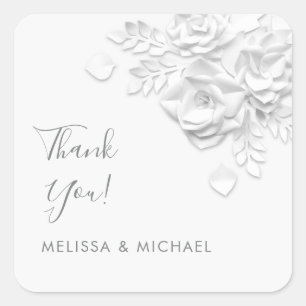 3D Paper Cut Roses Wedding Thank You Square Sticker