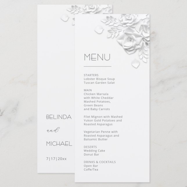 3D Paper Cut White Roses Menu (Front/Back)