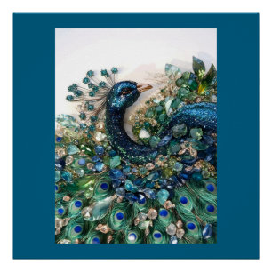 3D Peacock Cushion with Rubies, Emeralds, Poster