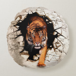3d picture tiger emerges from the destroyed wallti round pillow