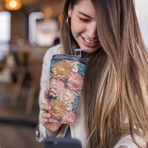 3D Pink and Blue botanical Floral Thermal Tumbler