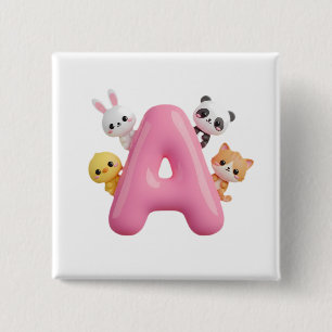 3D Pink Balloon Letter A Forest Animals Square But 2 Inch Square Button