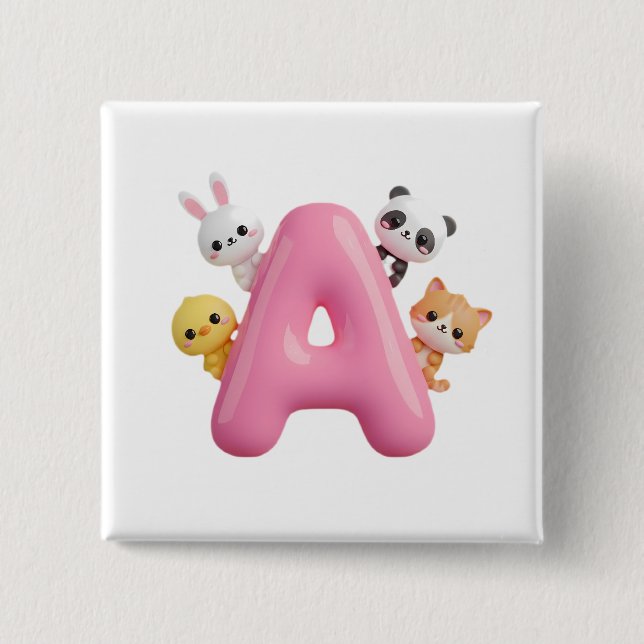 3D Pink Balloon Letter A Forest Animals Square But 2 Inch Square Button (Front)