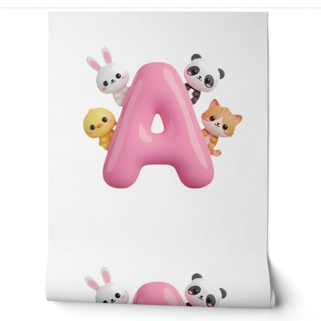 3D Pink Balloon Letter A Forest Animals Wallpaper (Unrolling)
