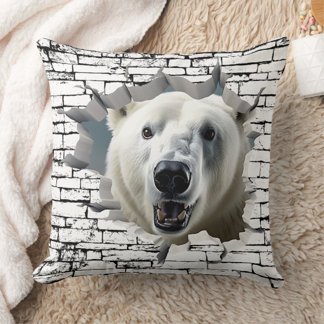 3D Polar Bear Wall Break Art – Realistic Safari Throw Pillow (Blanket)