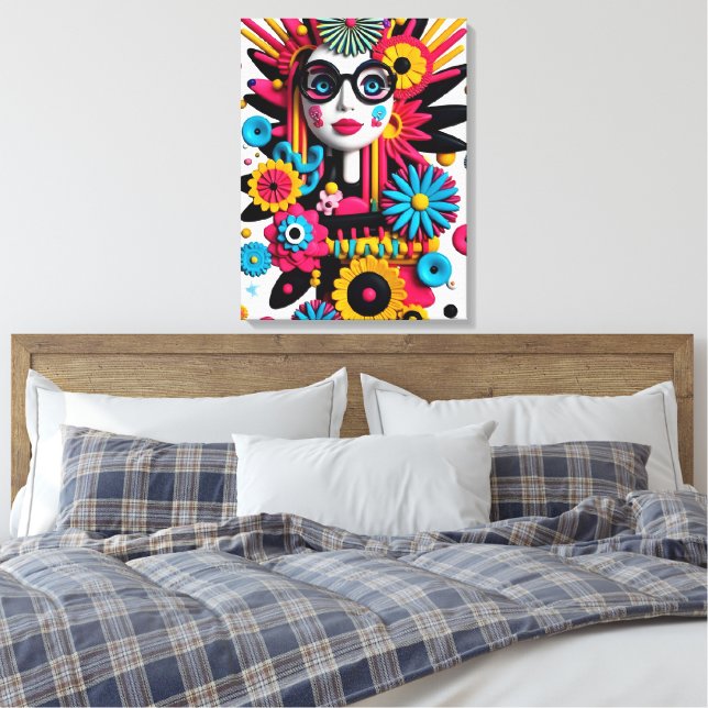 3D Pop Art Portrait – Colourful Abstract Woman wit Canvas Print (Insitu(Bedroom))