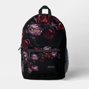 3D Purple Red Peonies Black Background Printed Backpack