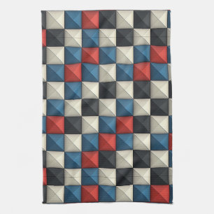 3D Pyramidal Geometric Pattern – Red, Blue & Cream Kitchen Towel