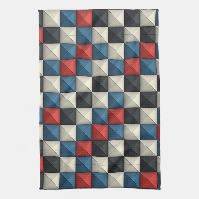 3D Pyramidal Geometric Pattern – Red, Blue & Cream Kitchen Towel (Vertical)