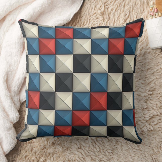 3D Pyramidal Geometric Pattern – Red, Blue & Cream Throw Pillow (Blanket)