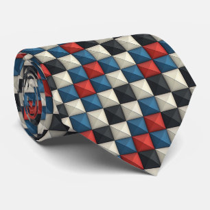 3D Pyramidal Geometric Pattern – Red, Blue & Cream Tie