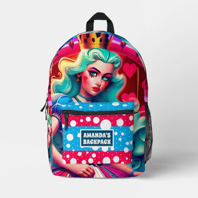 3D Queen Of Hearts Personalized Kids Name Printed Backpack (Front)