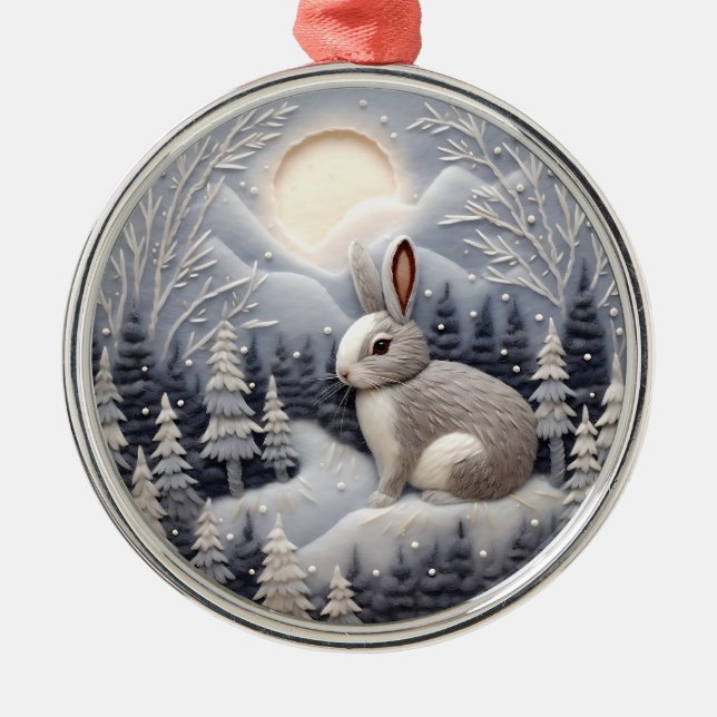 3D Rabbit in Snow Woodland Chirstmas  Metal Ornament (Front)