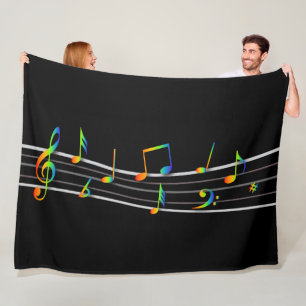 3D Rainbow Musical Notes Score on Black Fleece Blanket
