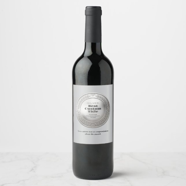 3D Realistic Silver Medal Custom Editable Award Wine Label (Front)