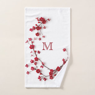 3D Red Cherry Blossoms White Hand Towel