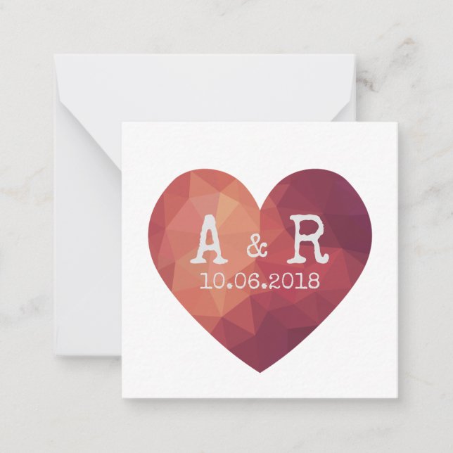 3d red heart couple monograms wedding date card (Front)