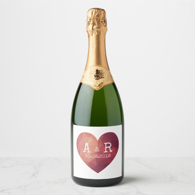 3d red heart couple monograms wedding date  sparkling wine label (Front)