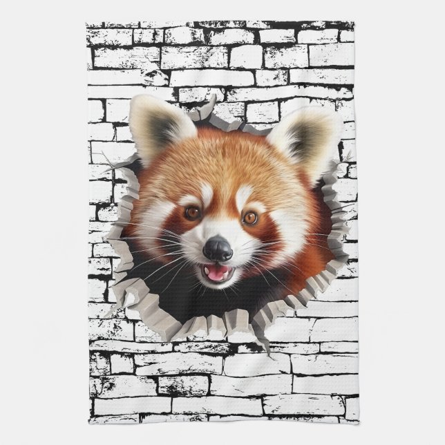 3D Red Panda Wall Break Art – Realistic Safari Kitchen Towel (Vertical)