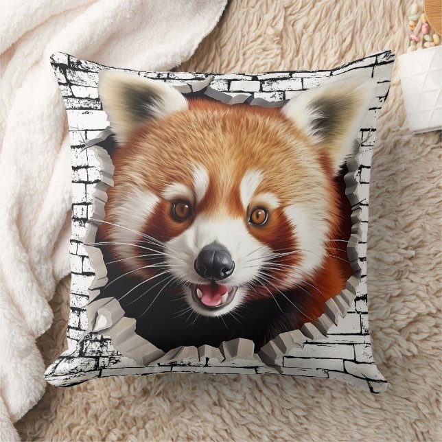 3D Red Panda Wall Break Art – Realistic Safari Throw Pillow (Blanket)