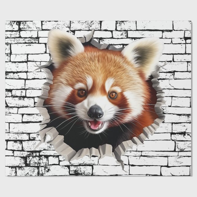 3D Red Panda Wall Break Art – Realistic Safari Wrapping Paper (Flat)