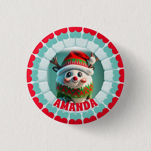 3D Reindeer Christmas Personalized Name Holiday 1 Inch Round Button (Front)