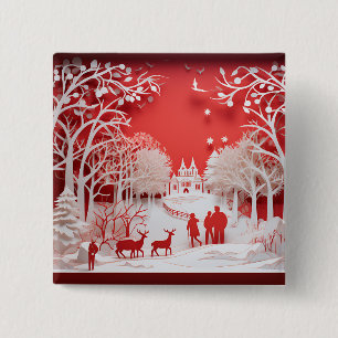 3D Reindeers and People in Village 2 Inch Square Button