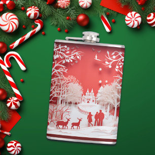 3D Reindeers and People in Village Hip Flask