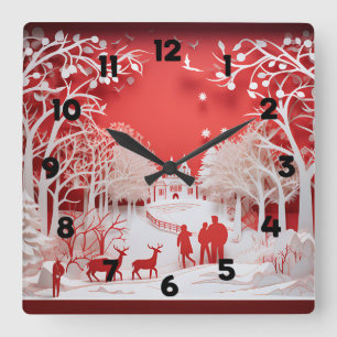 3D Reindeers and People in Village Square Wall Clock