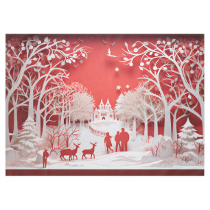 3D Reindeers and People in Village Tablecloth