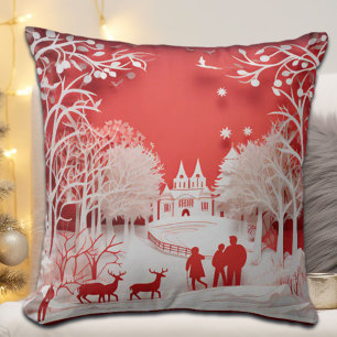 3D Reindeers and People in Village Throw Pillow