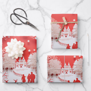 3D Reindeers and People in Village Wrapping Paper Sheet