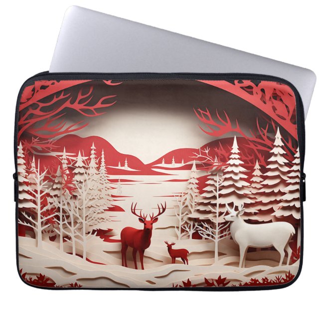 3D Reindeers in Forest Winter Laptop Sleeve (Front)