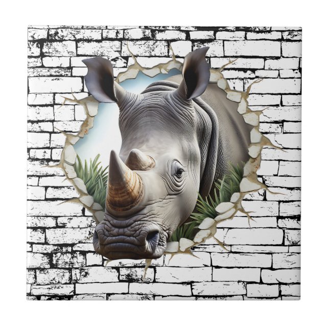 3D Rhinoceros Wall Break Art – Realistic Safari Tile (Front)