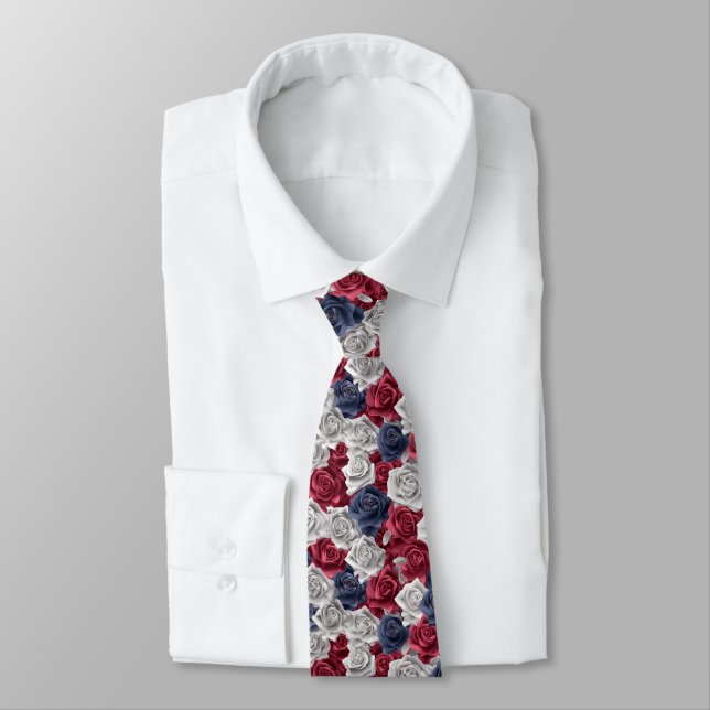 3d Roses Red Navy White Tie (Tied)