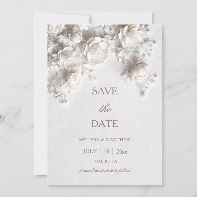 3D Roses White Sculptured Flowers Save The Date (Front)