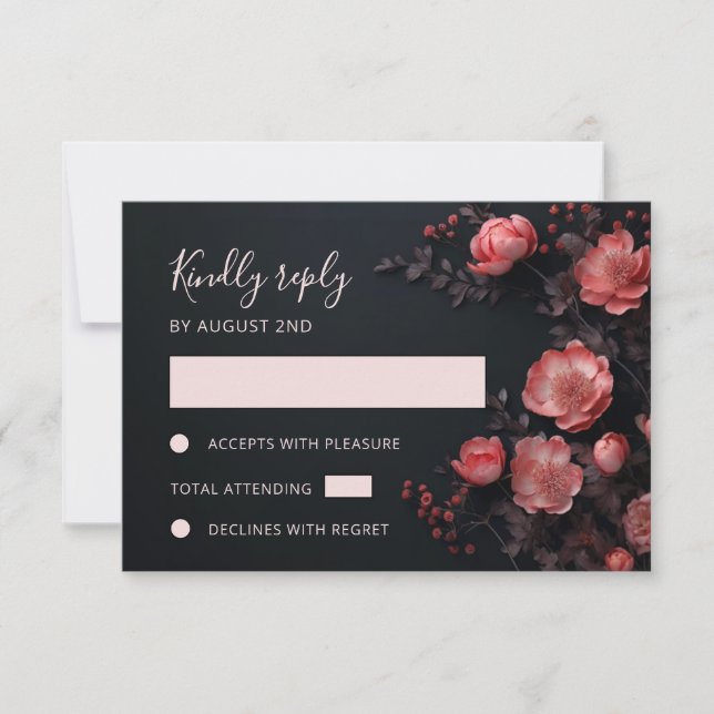 3D  Roses Wildflowers Dark Wedding RSVP Card (Front)
