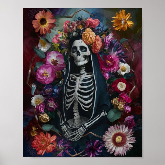 3D Santa Muerte with Colourful Flowers Poster (Front)