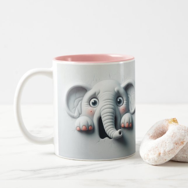 3D Scared Elephant Funny Animals  Two-Tone Coffee Mug (With Donut)